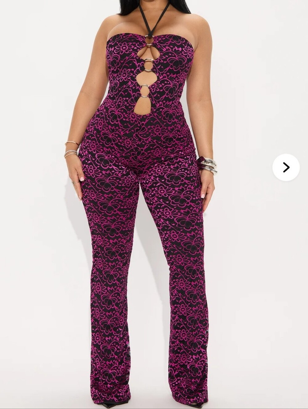 Fashion Nova Strapless Ring-Front Lace-Print Jumpsuit in Fuchsia and Black